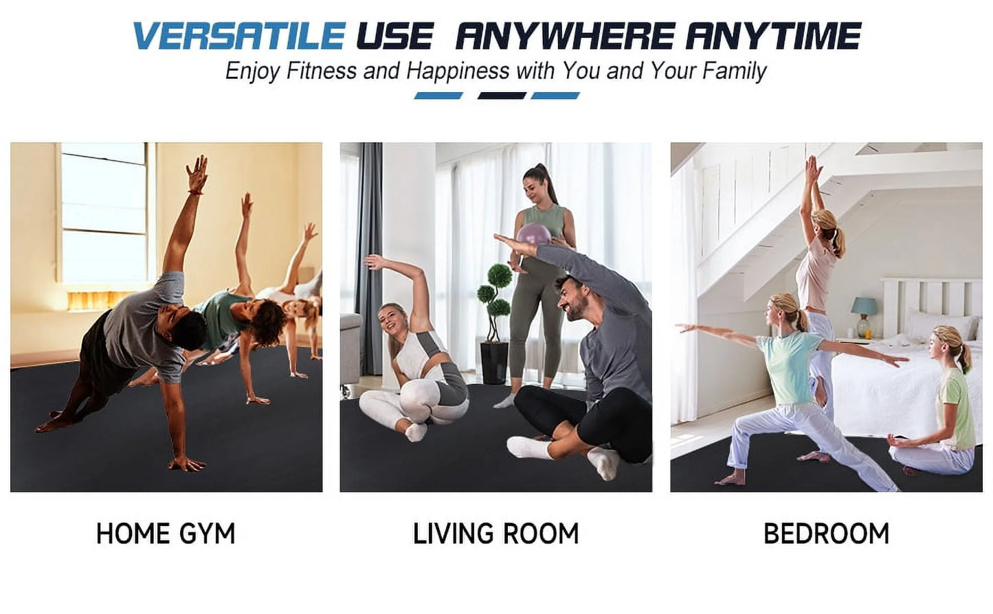 12'X6' Black Gym Mat, Thick Large Exercise Yoga Mat for Men and Women Aerobics, Skipping Rope, Gym Equipment - Perfect for Home and Gym Workouts