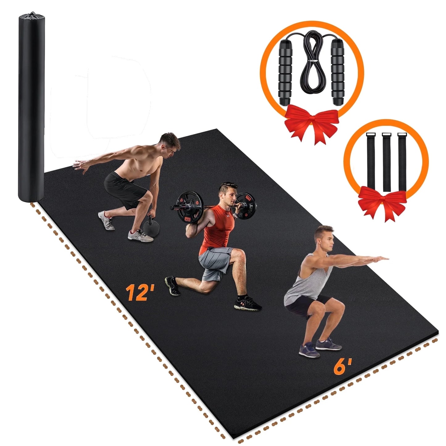 12'X6' Black Gym Mat, Thick Large Exercise Yoga Mat for Men and Women Aerobics, Skipping Rope, Gym Equipment - Perfect for Home and Gym Workouts