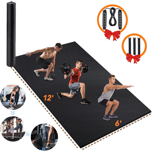 12'X6' Black Gym Mat, Thick Large Exercise Yoga Mat for Men and Women Aerobics, Skipping Rope, Gym Equipment - Perfect for Home and Gym Workouts