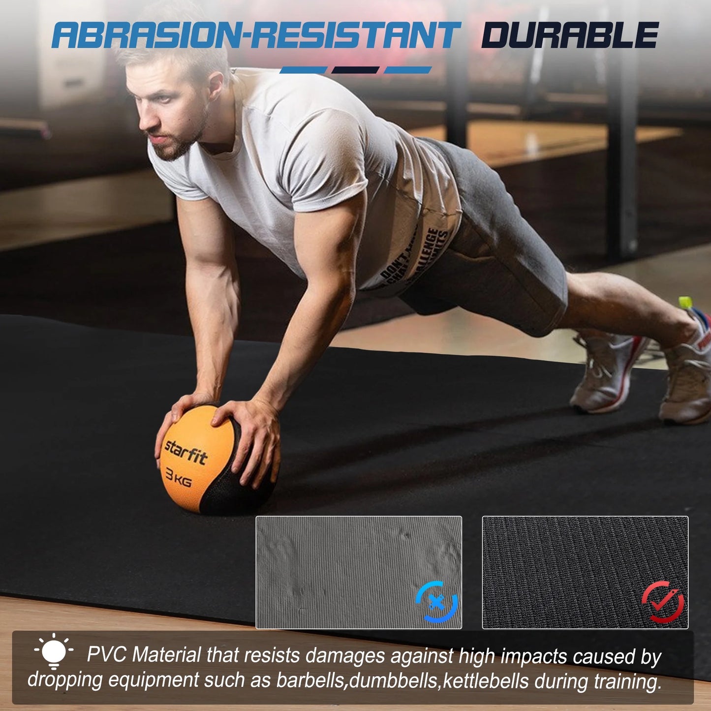 12'X6' Black Gym Mat, Thick Large Exercise Yoga Mat for Men and Women Aerobics, Skipping Rope, Gym Equipment - Perfect for Home and Gym Workouts